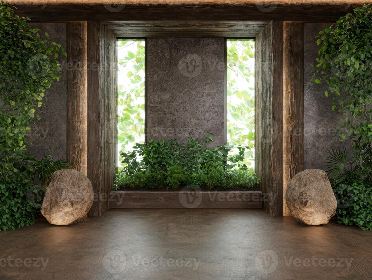 Modern minimalist zen garden interior design with plants and rocks photo