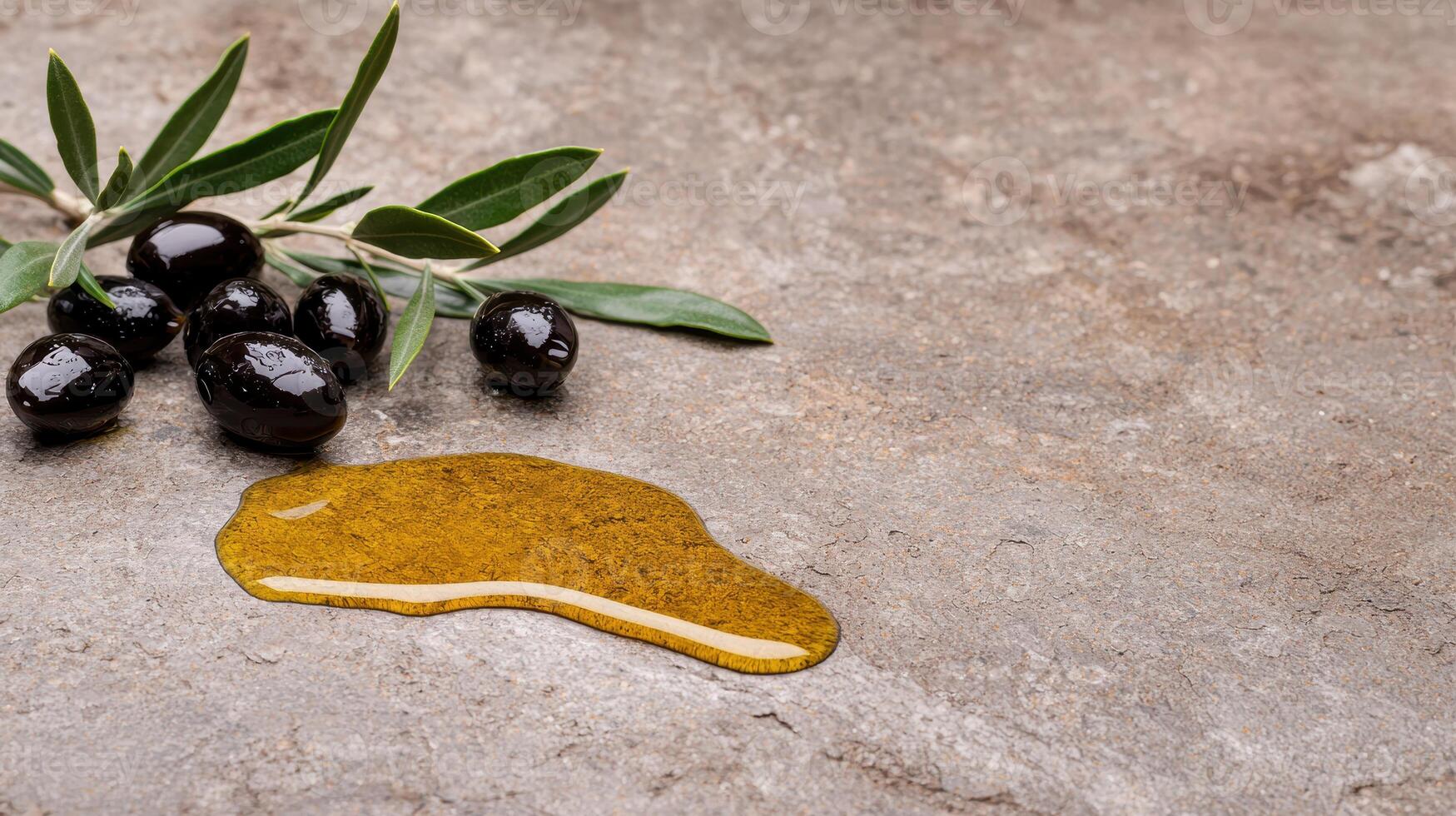 Close up of fresh olives and olive oil on a rustic surface photo
