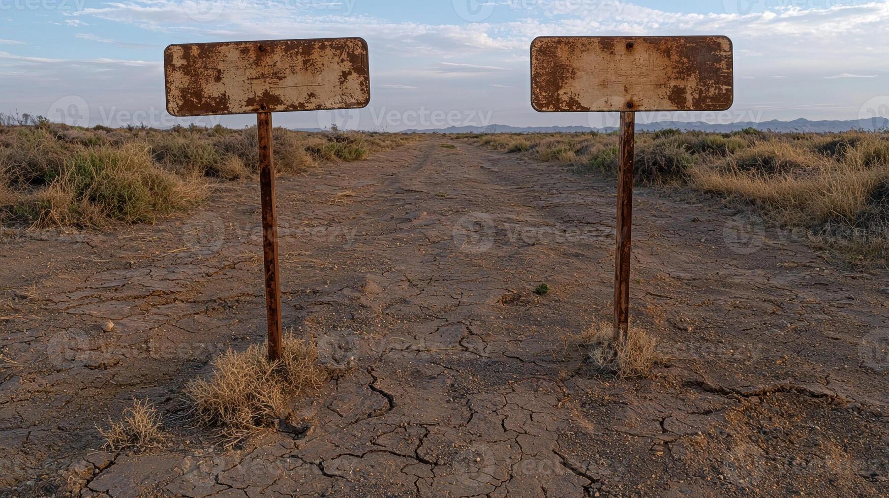 Two rusty blank signs stand on a desolate dirt road in the desert photo
