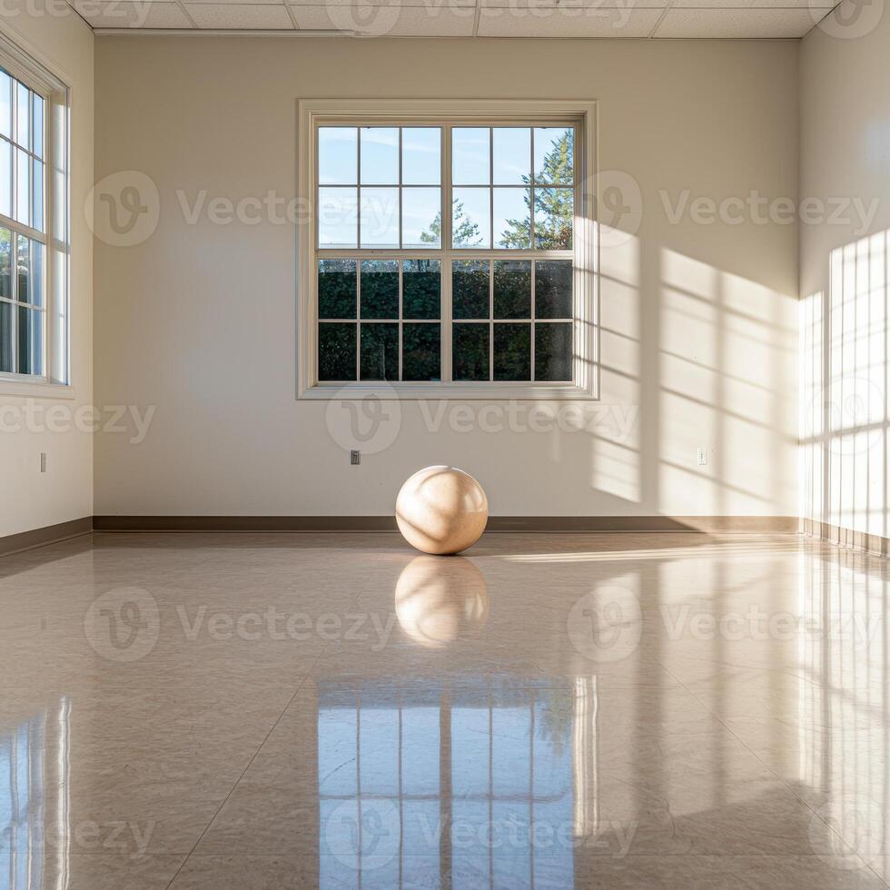Empty room with large window and single ball on floor photo