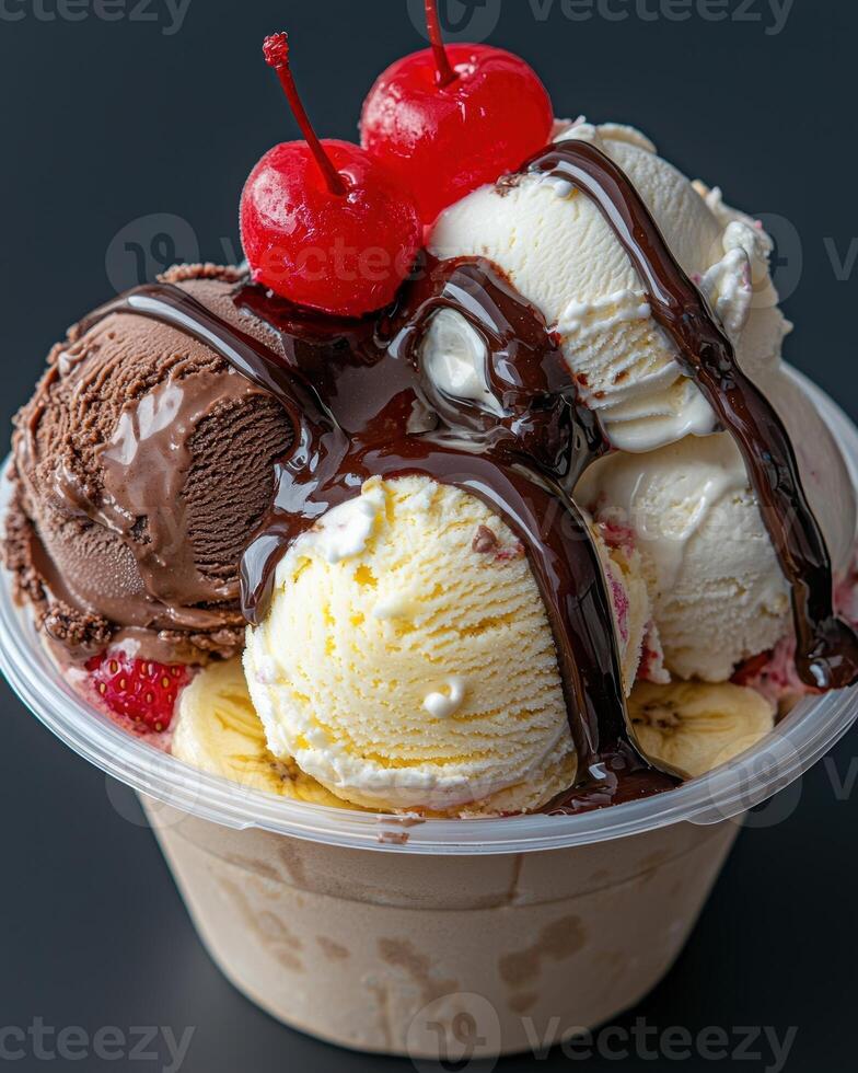Close up of a delicious sundae with chocolate, vanilla, and strawberry ice cream, topped with cherries and chocolate sauce photo