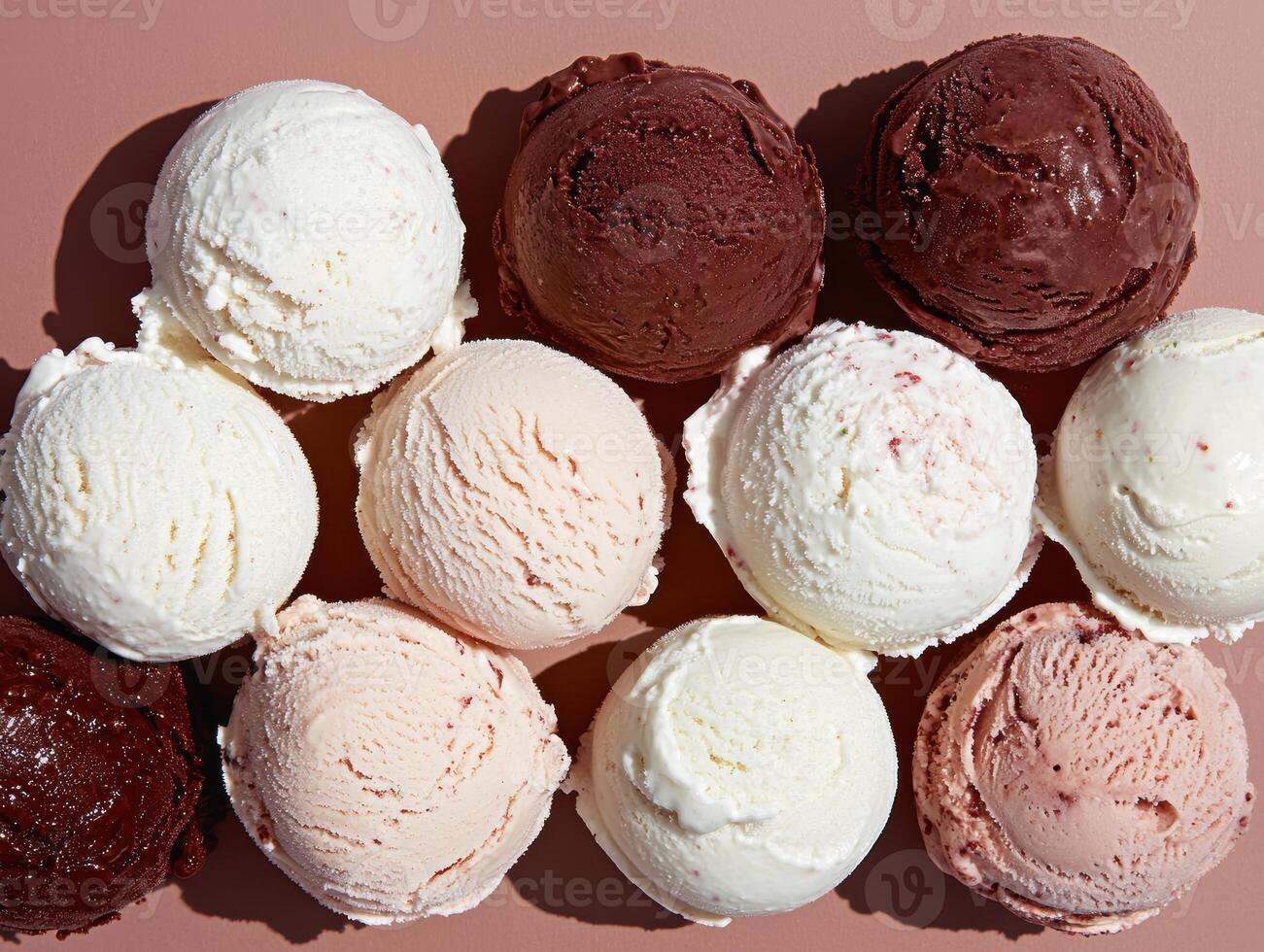 Close up of assorted ice cream scoops in various flavors photo