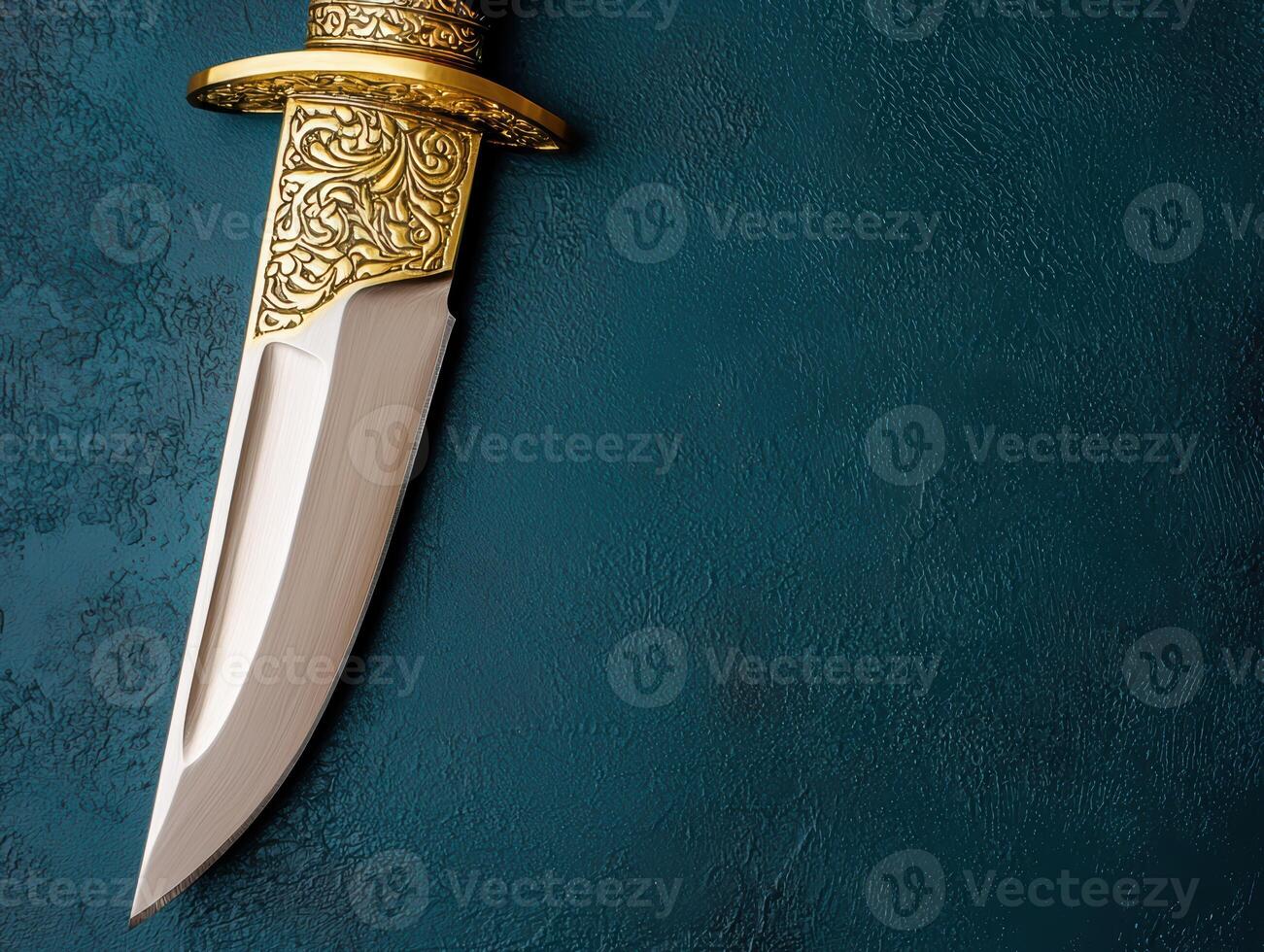 Ornate dagger with gold accents on a dark green background photo