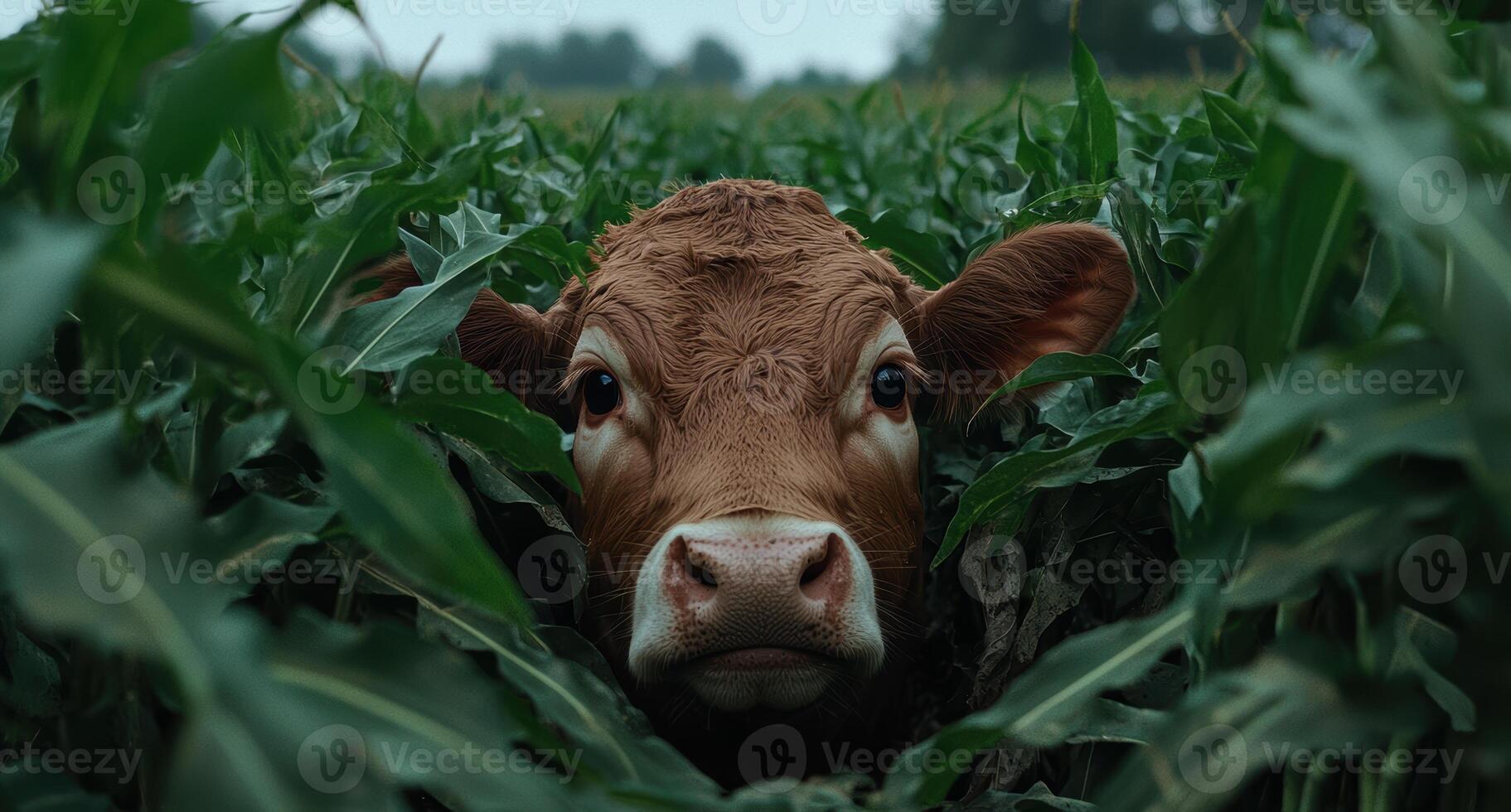 Close up of a curious calf peeking from a cornfield photo