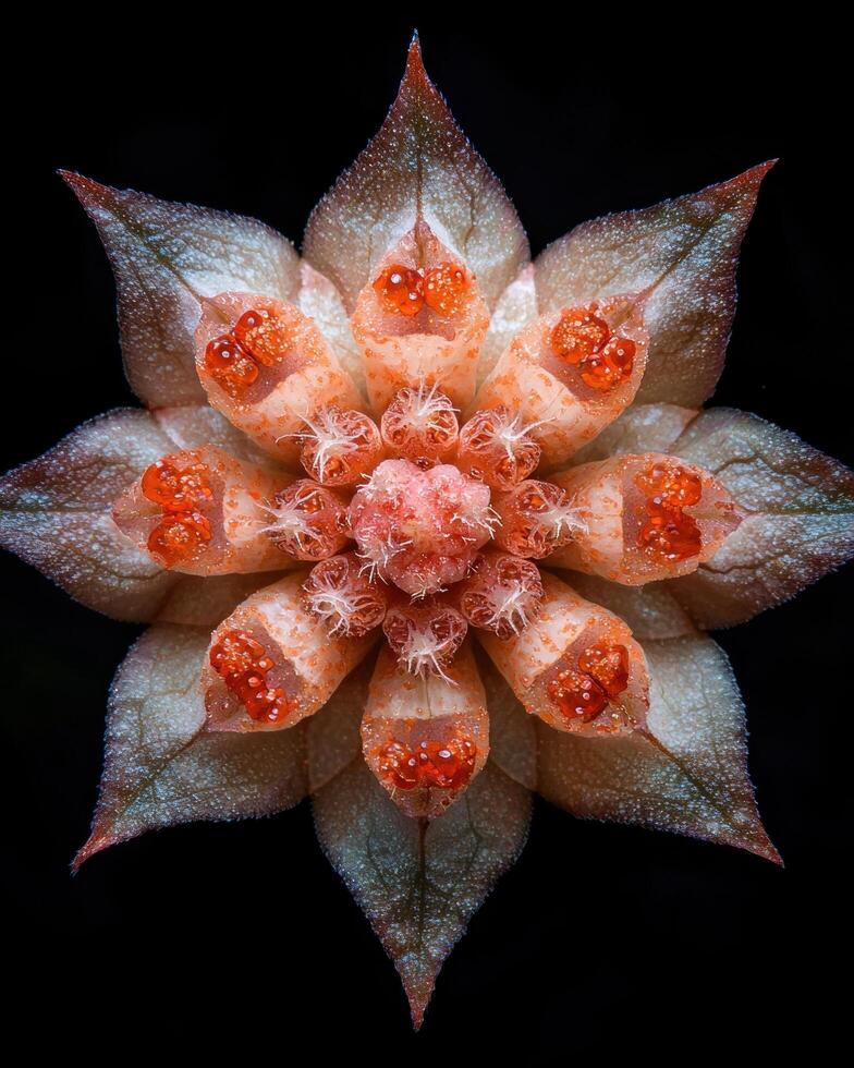 Close up of a unique flower with vibrant orange centers and delicate petals photo