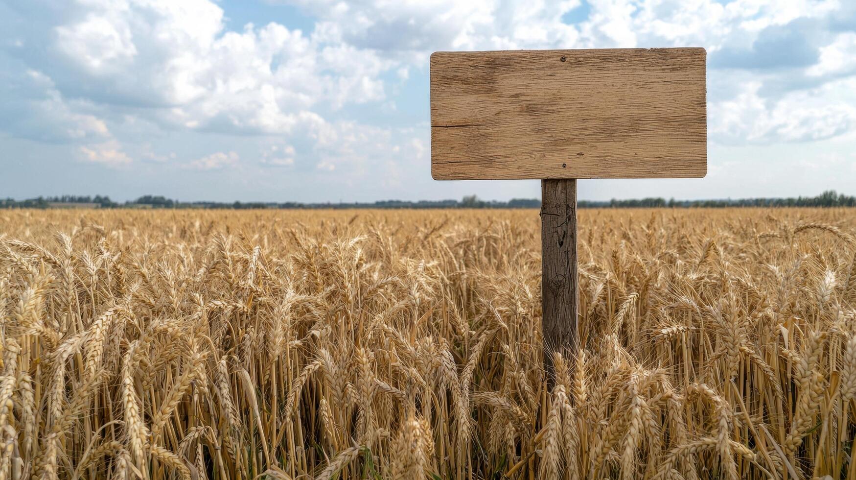 Blank wooden sign in a field of wheat photo