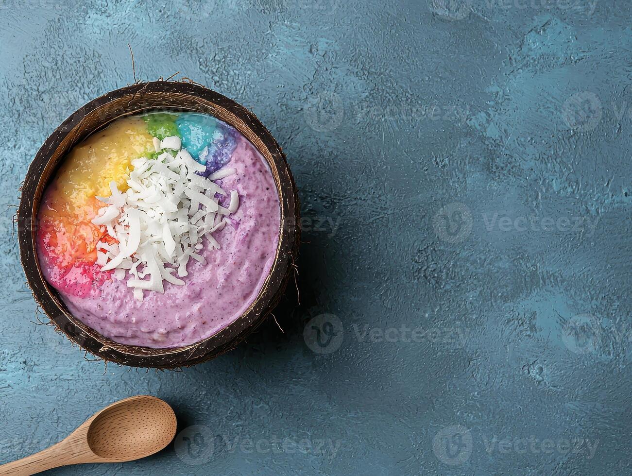 Rainbow smoothie bowl with coconut flakes in a coconut shell bowl. photo