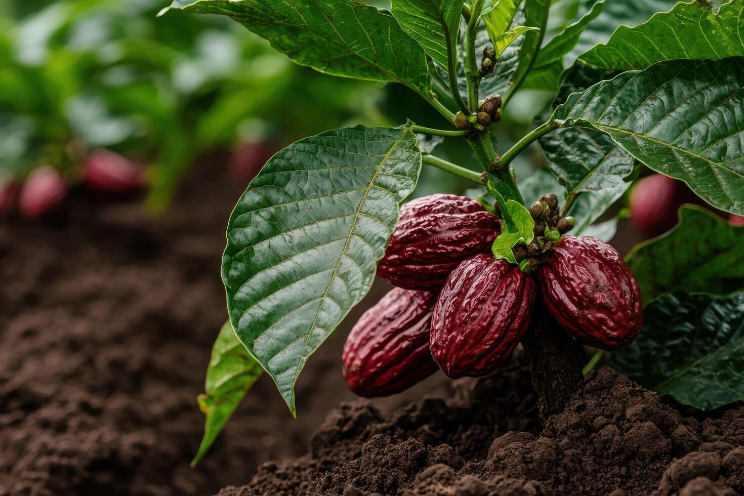 Close up of ripe cocoa pods on a cacao tree photo