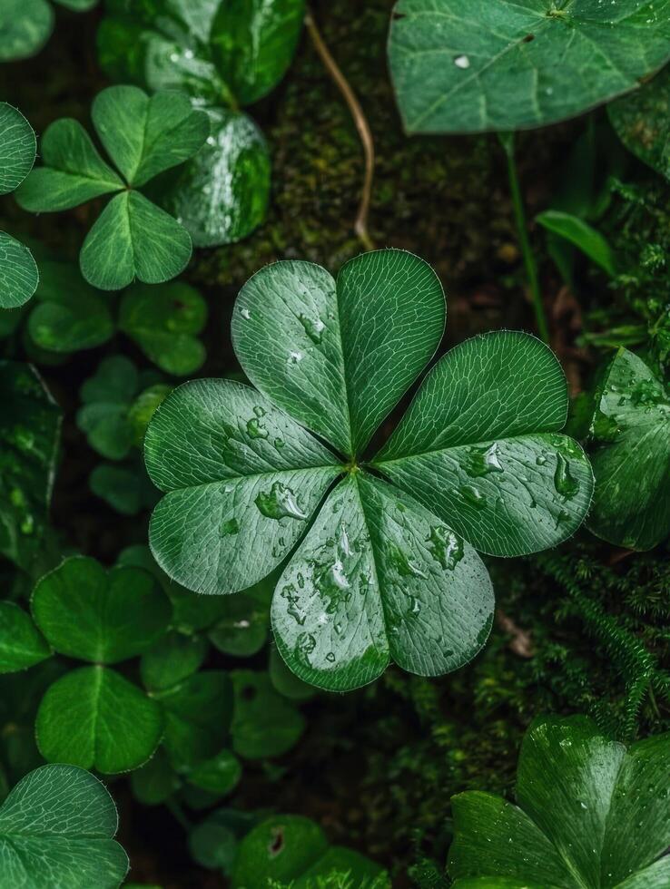 Close up of a vibrant green four leaf clover with water droplets, surrounded by lush greenery photo