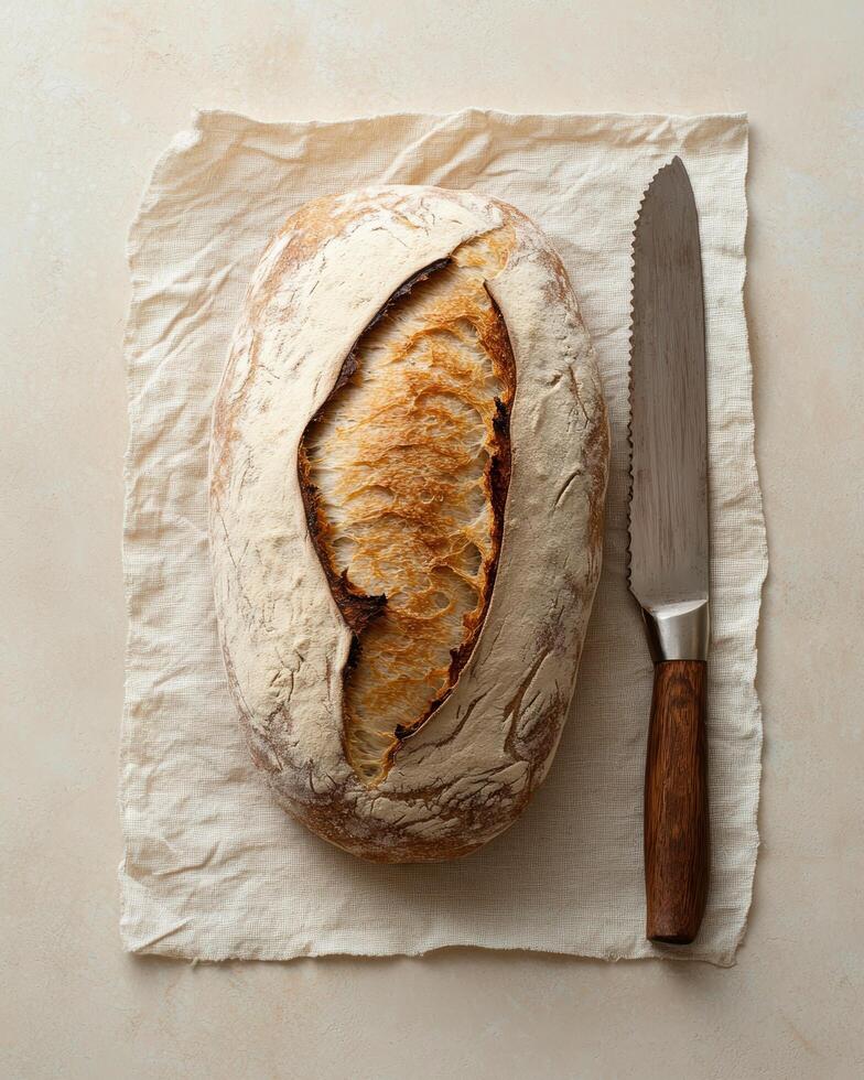 Artisan sourdough bread loaf on linen cloth with bread knife photo