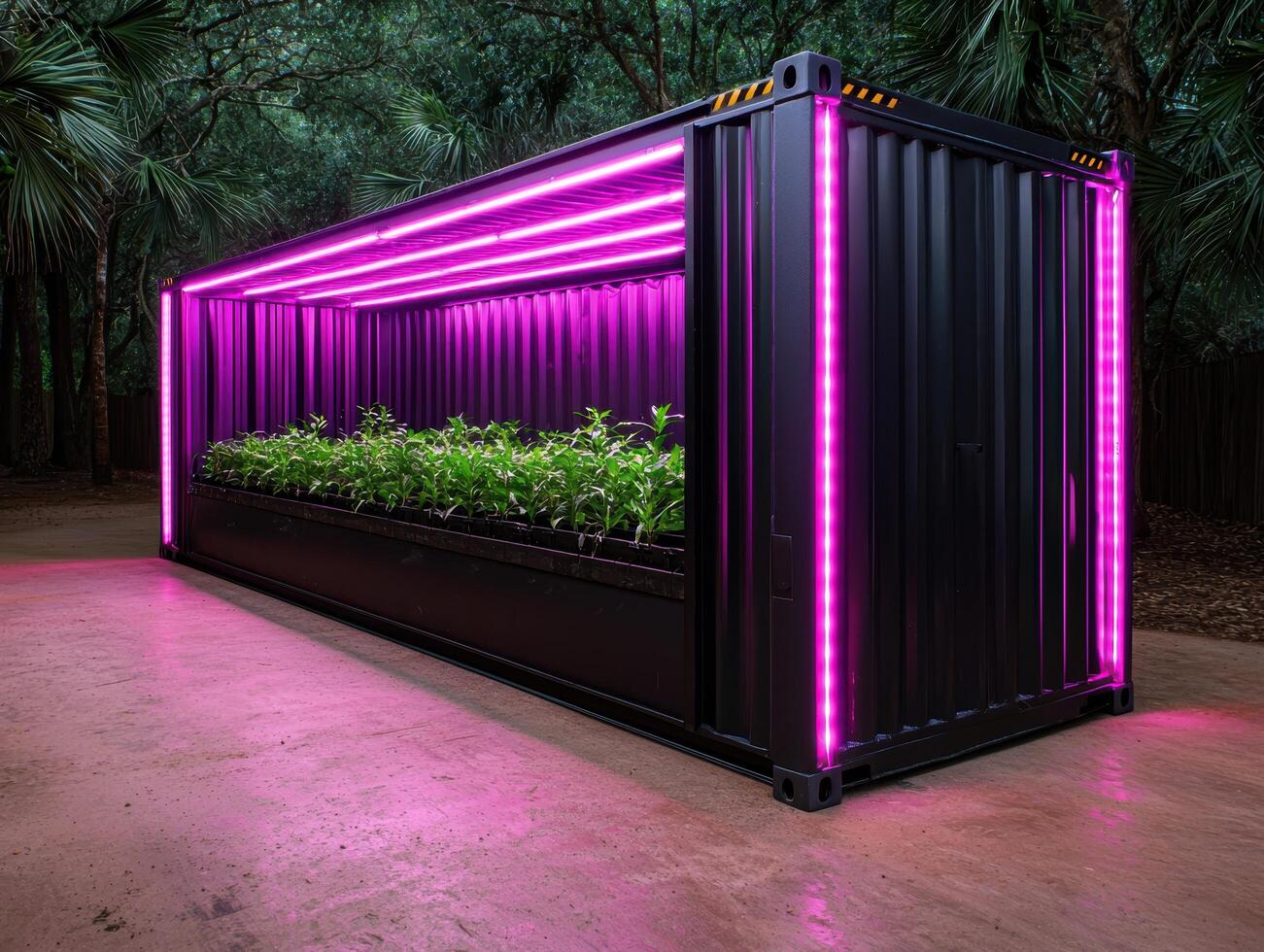 Pink LED lights illuminate a shipping container converted into a modern indoor farm photo