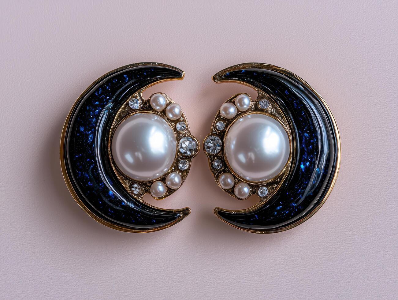 Elegant crescent moon earrings with pearls and crystals photo