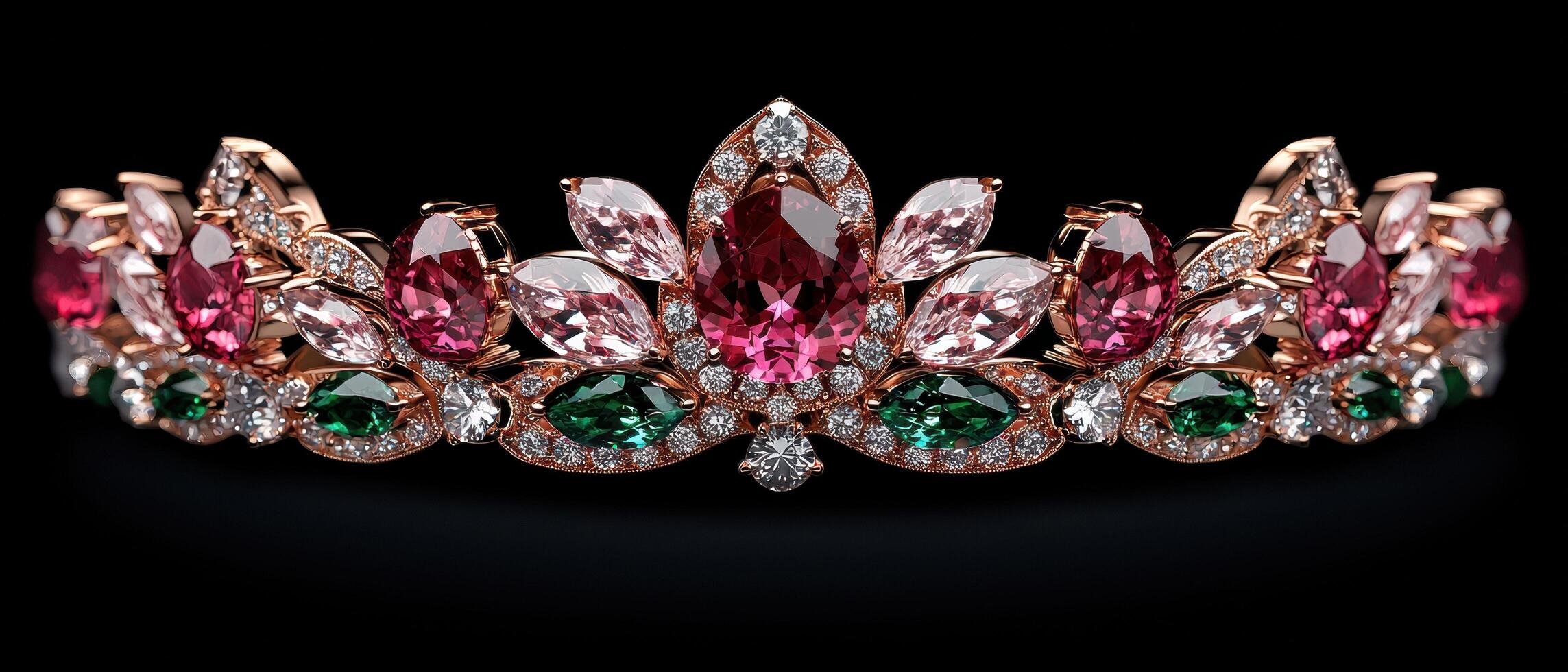 Luxury rose gold tiara with pink, red, and green gemstones photo