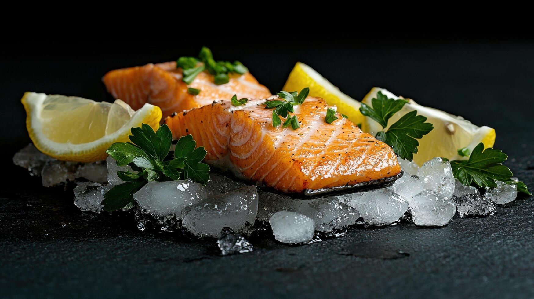 Delicious grilled salmon fillet with lemon and parsley on ice photo