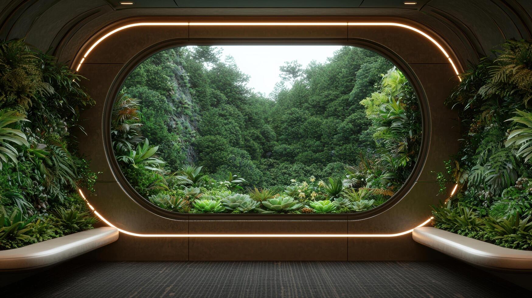 Futuristic Biophilic Interior Design with Lush Greenery and a Panoramic Forest View photo