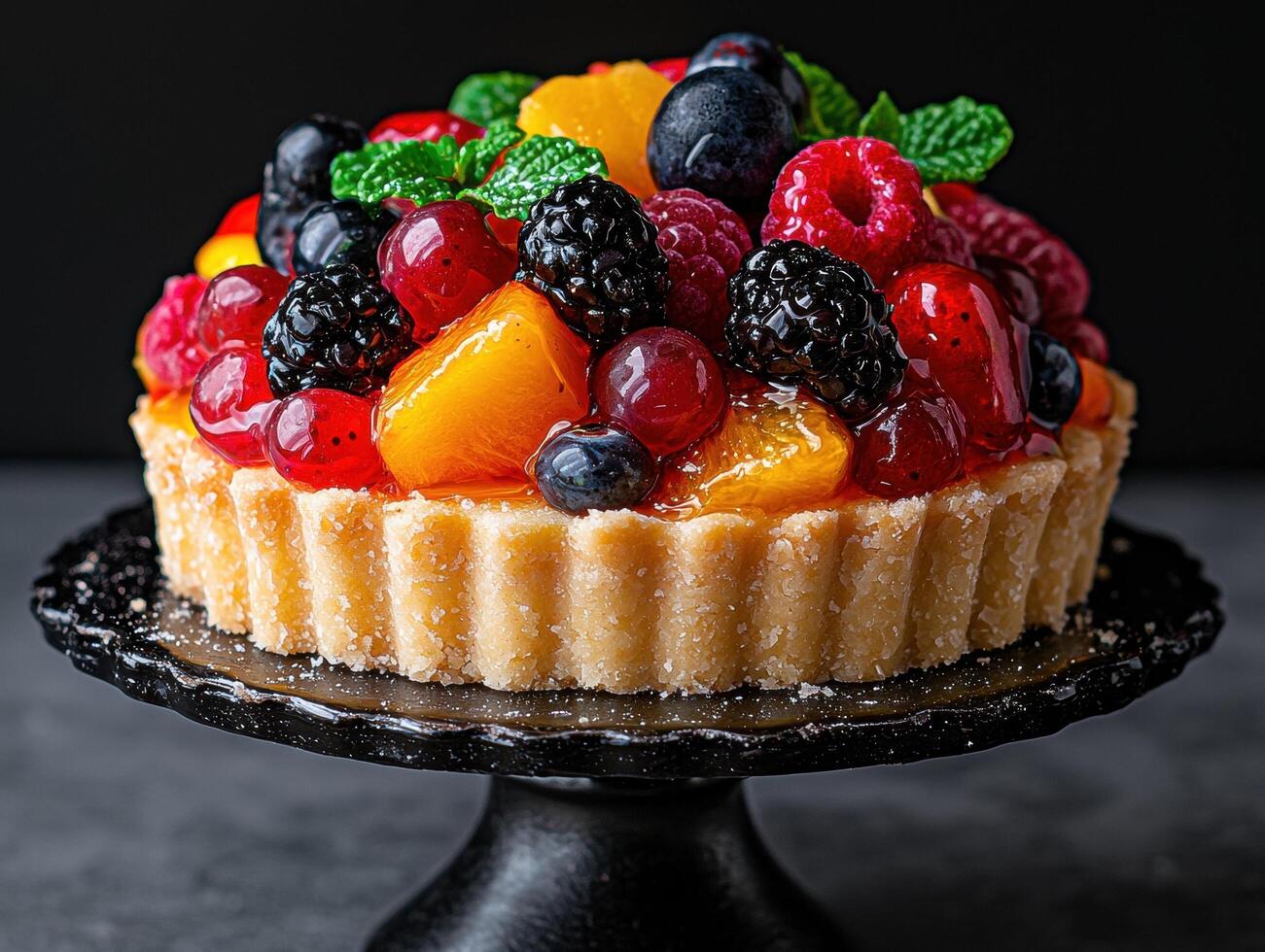 Delicious fruit tart with a variety of berries and oranges on a black stand photo