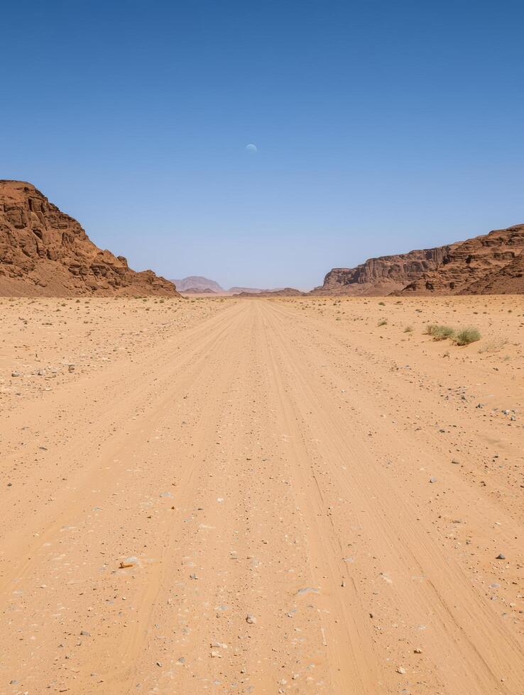 Arid desert landscape with tire tracks leading to distant mountains under a clear blue sky photo