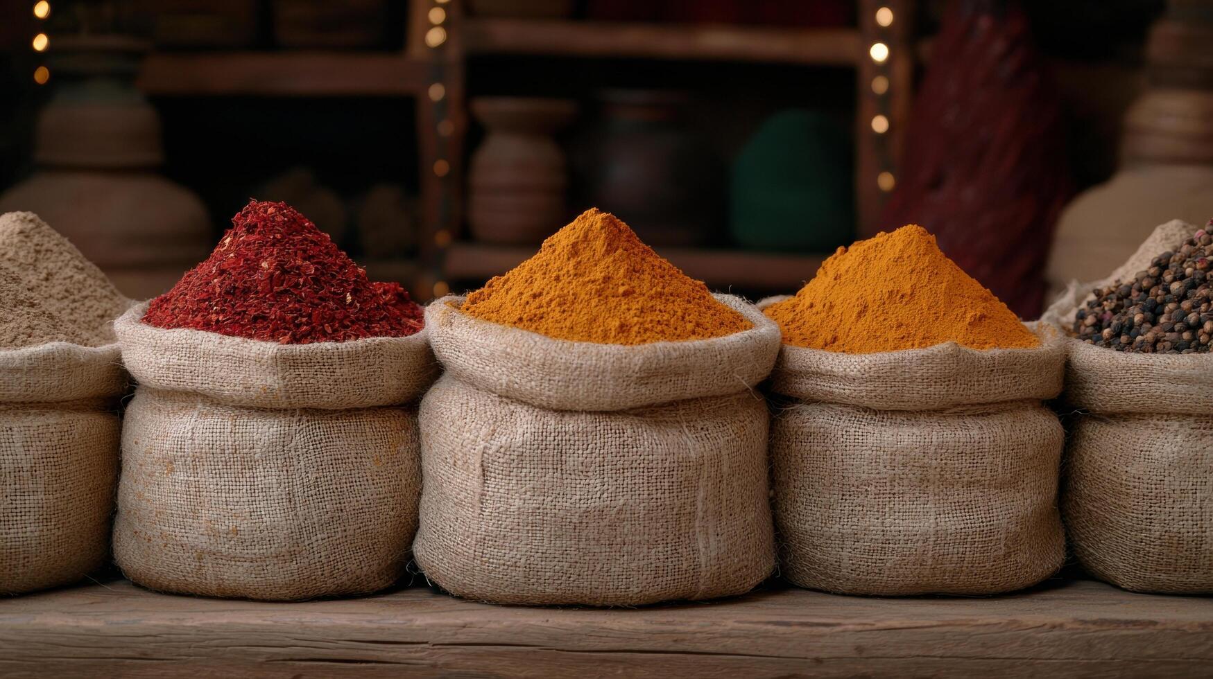 Assortment of spices in burlap sacks on wooden surface photo