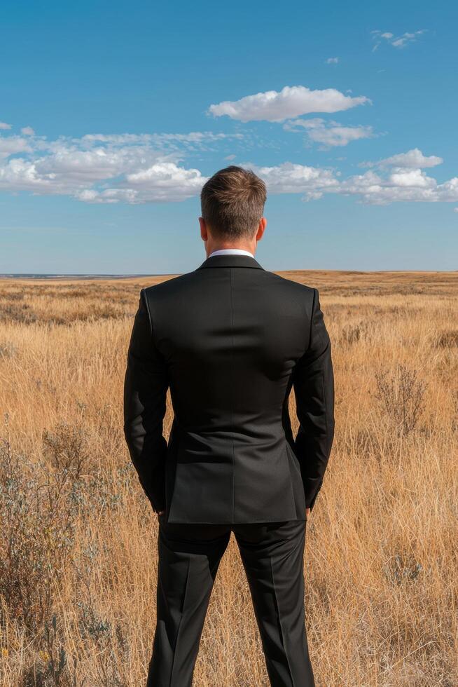 Businessman standing in a field looking at the horizon photo
