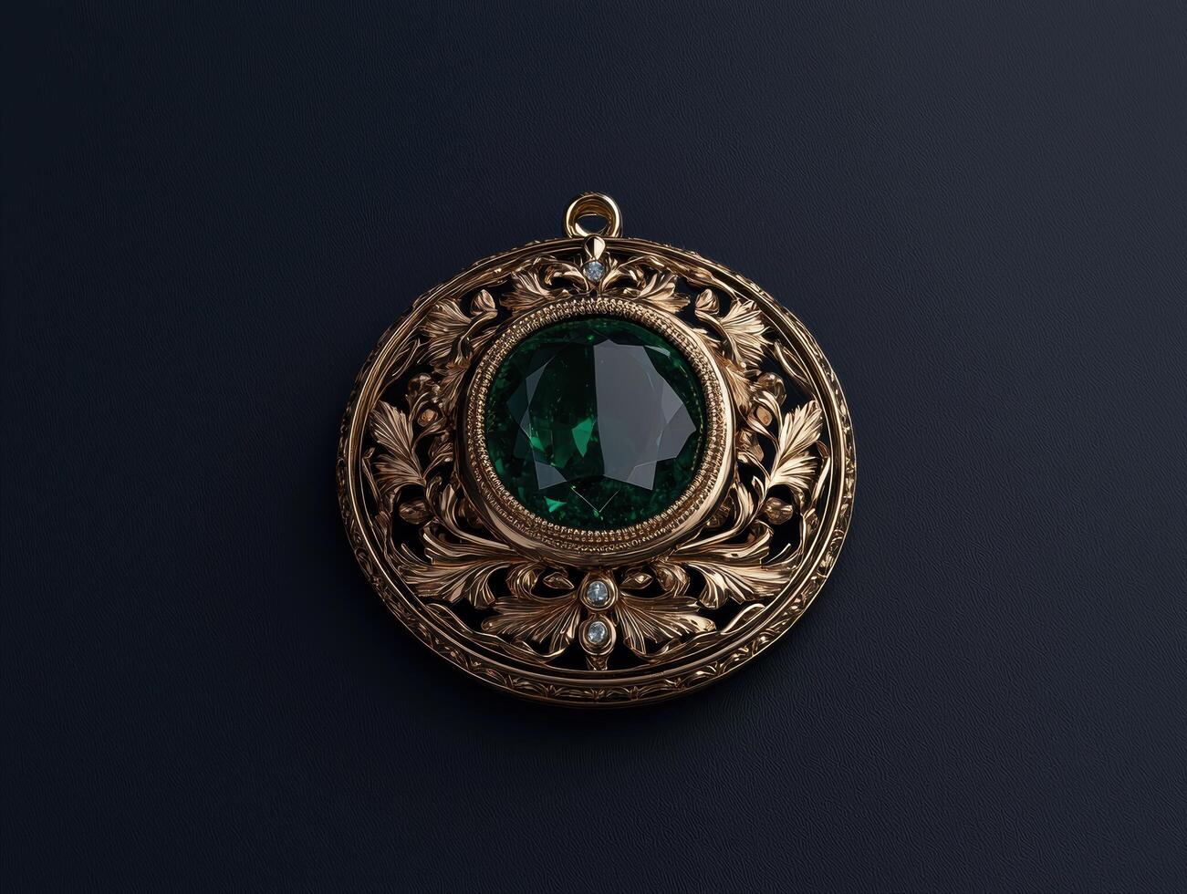 Ornate gold pendant with green gemstone and diamonds photo
