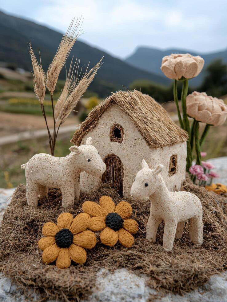 Cute clay sheep figurines near a miniature thatched roof house in a whimsical diorama photo