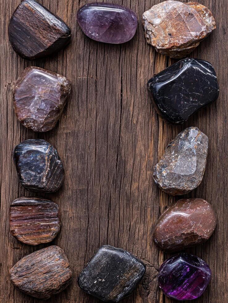 Collection of tumbled gemstones on rustic wooden background photo