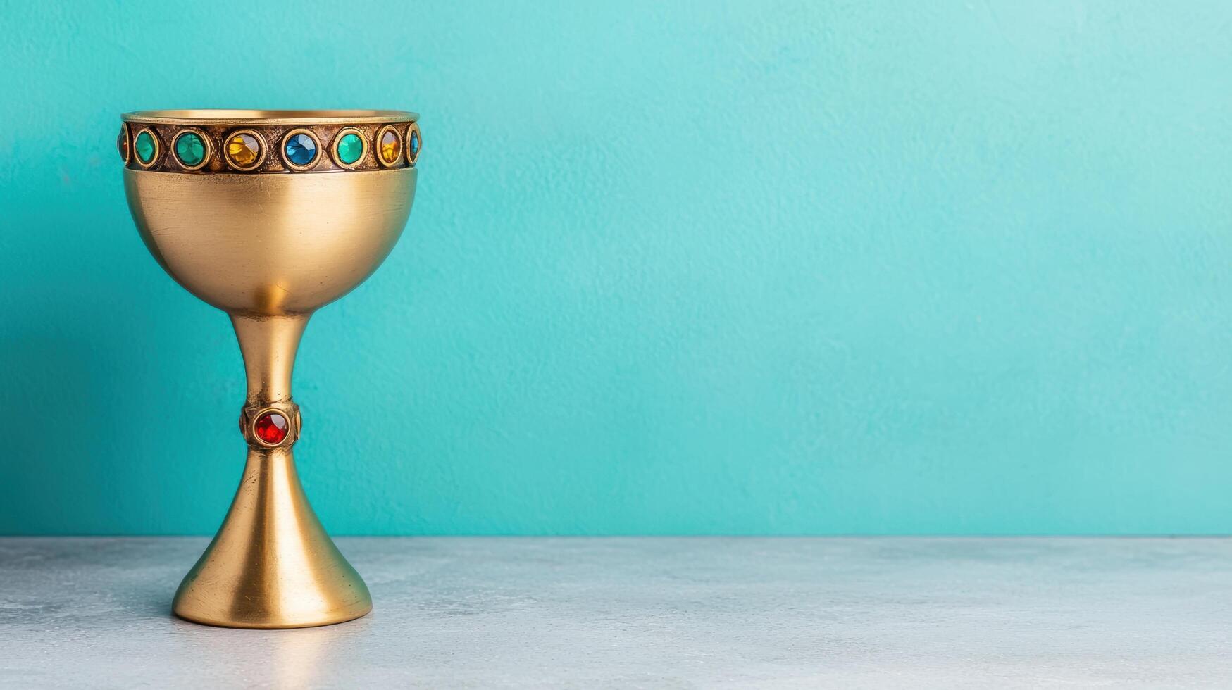 Ornate golden chalice on a teal background photo