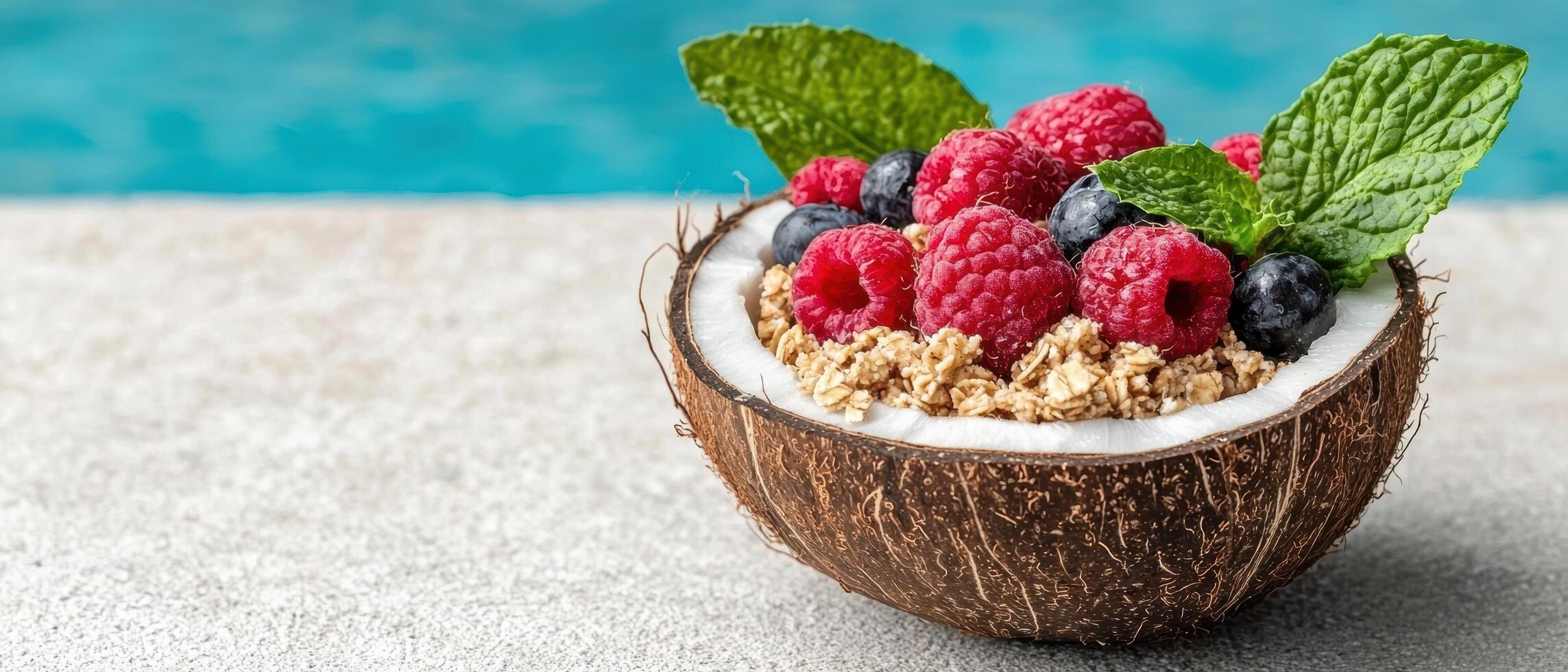 Healthy breakfast bowl with granola, raspberries, and blueberries in a coconut shell by the pool photo