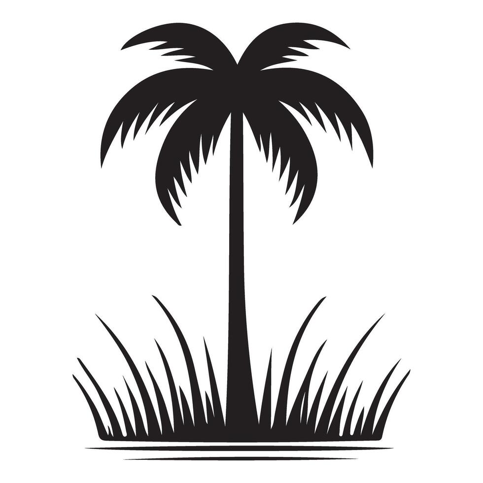 Palm Tree Silhouette on Tropical Island Grassy Shore vector