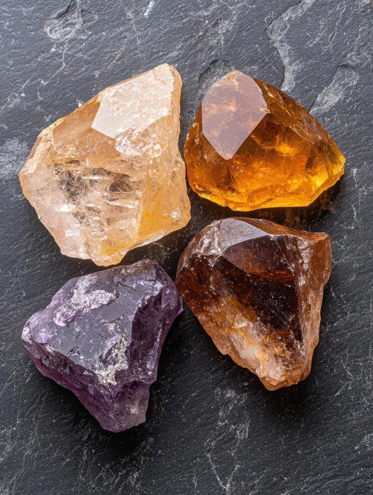 Four tumbled quartz crystals on a dark stone background photo