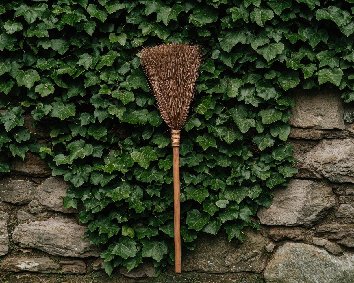 A rustic broom leans against a stone wall covered in lush green ivy photo
