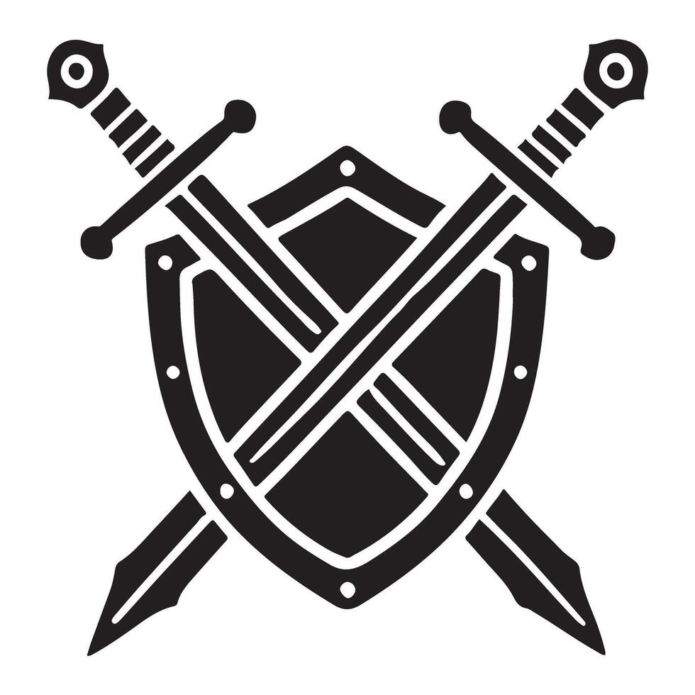Shield with Crossed Swords Silhouette in Circle vector