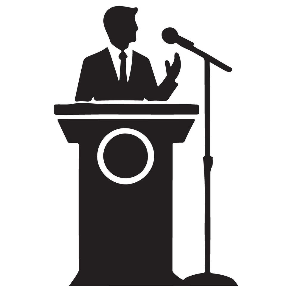 Silhouette of a Speaker at a Podium with a Microphone vector