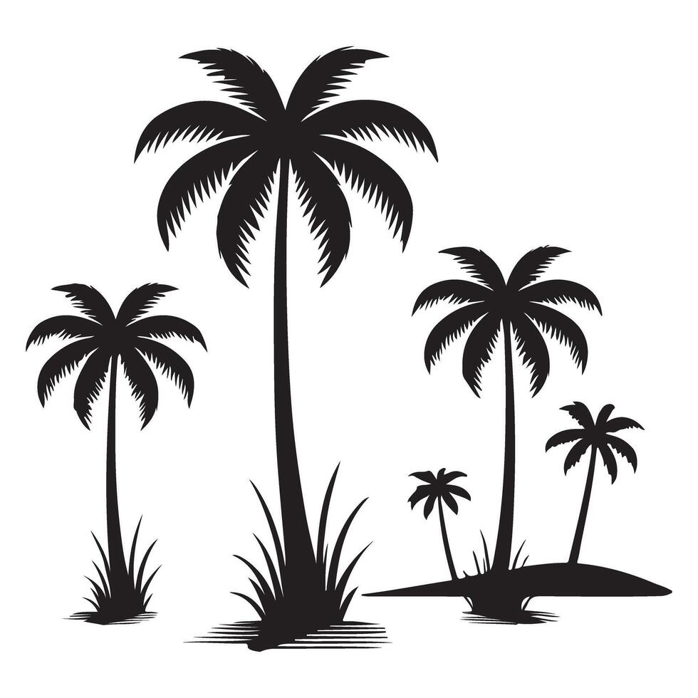 Silhouette of Palm Trees on a Tropical Island with Grass vector