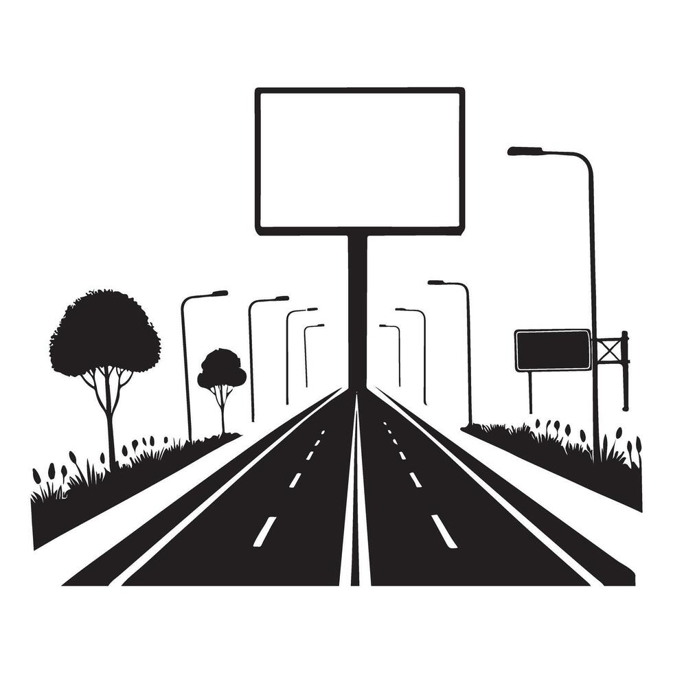 Silhouette of Highway with Billboard and Streetlights vector