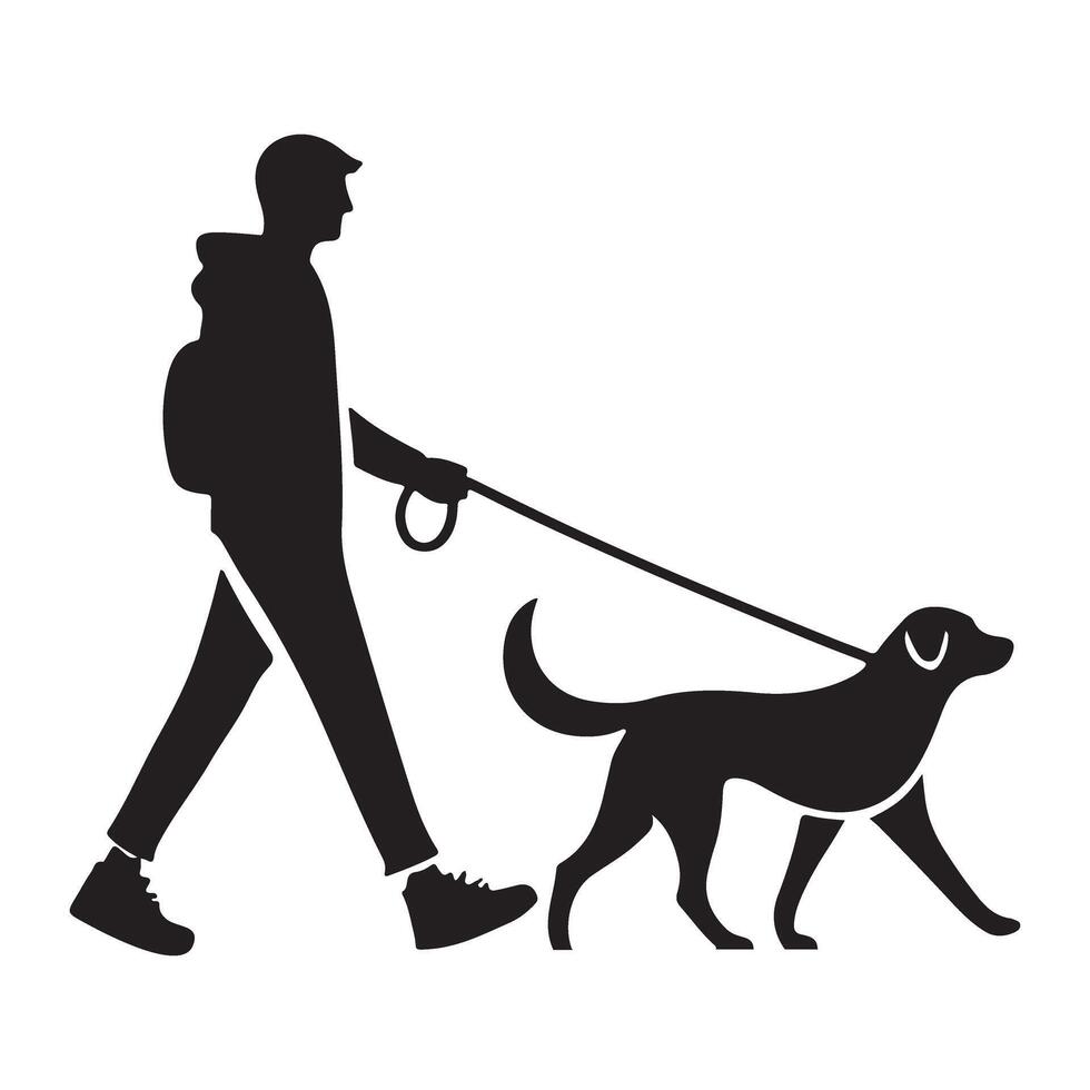 Silhouette of Hiker Walking Dog on Trail vector