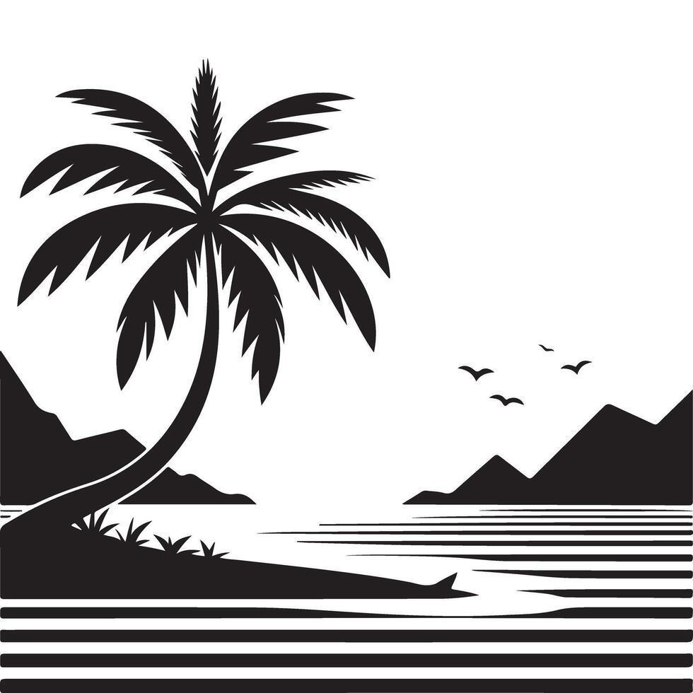 Silhouette Illustration of Palm Tree on Tropical Beach vector