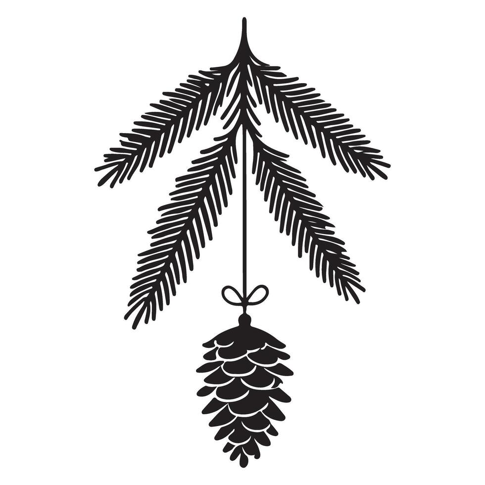 Silhouette of Pine Branch with Hanging Pinecone Ornament vector