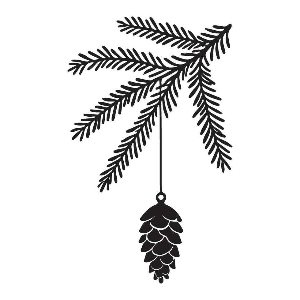 Silhouette of Pine Branch with Hanging Pinecone vector