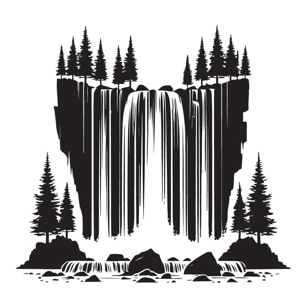 Silhouette of a Waterfall Surrounded by Pine Trees vector