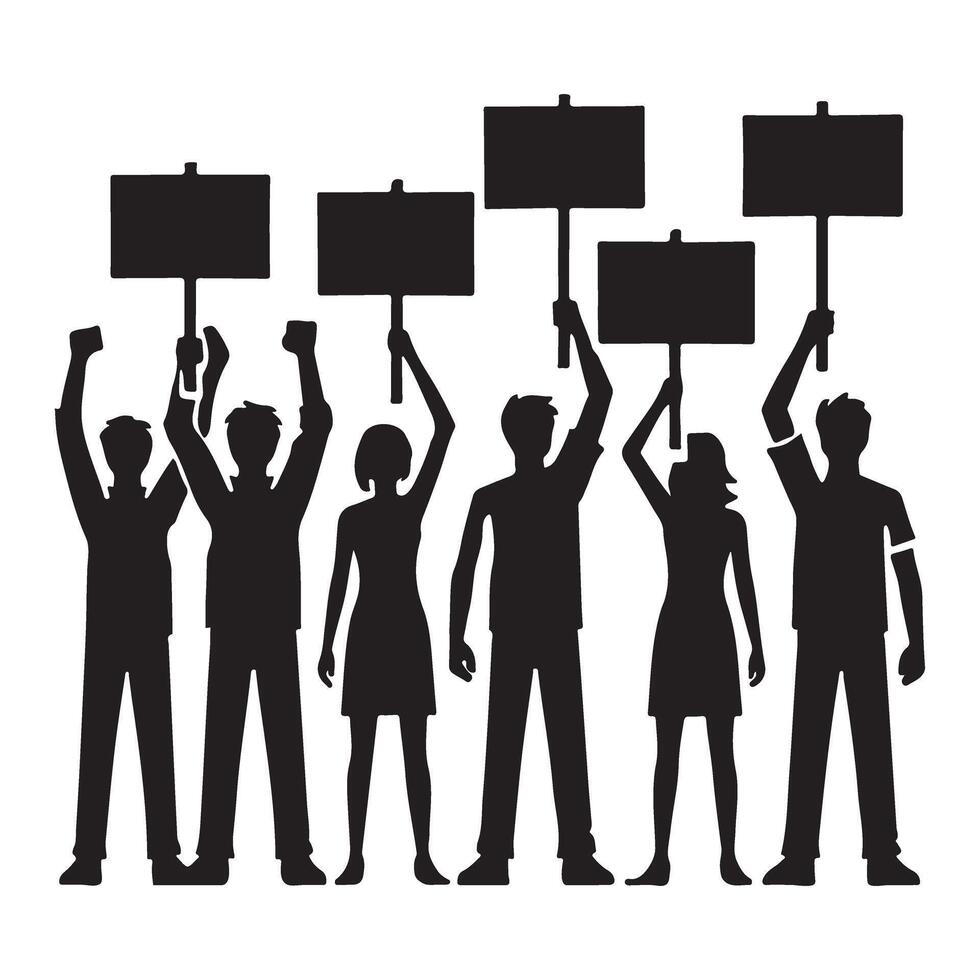 Silhouettes of Protesters Holding Signs at a Protest vector