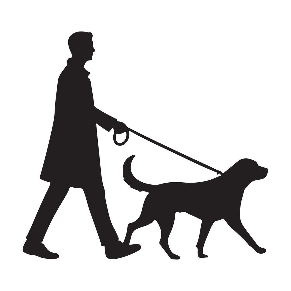 Silhouette of Man Walking Dog on a Leash vector