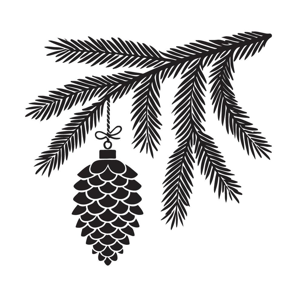 Pine Branch with Pine Cone Ornament Silhouette Illustration vector