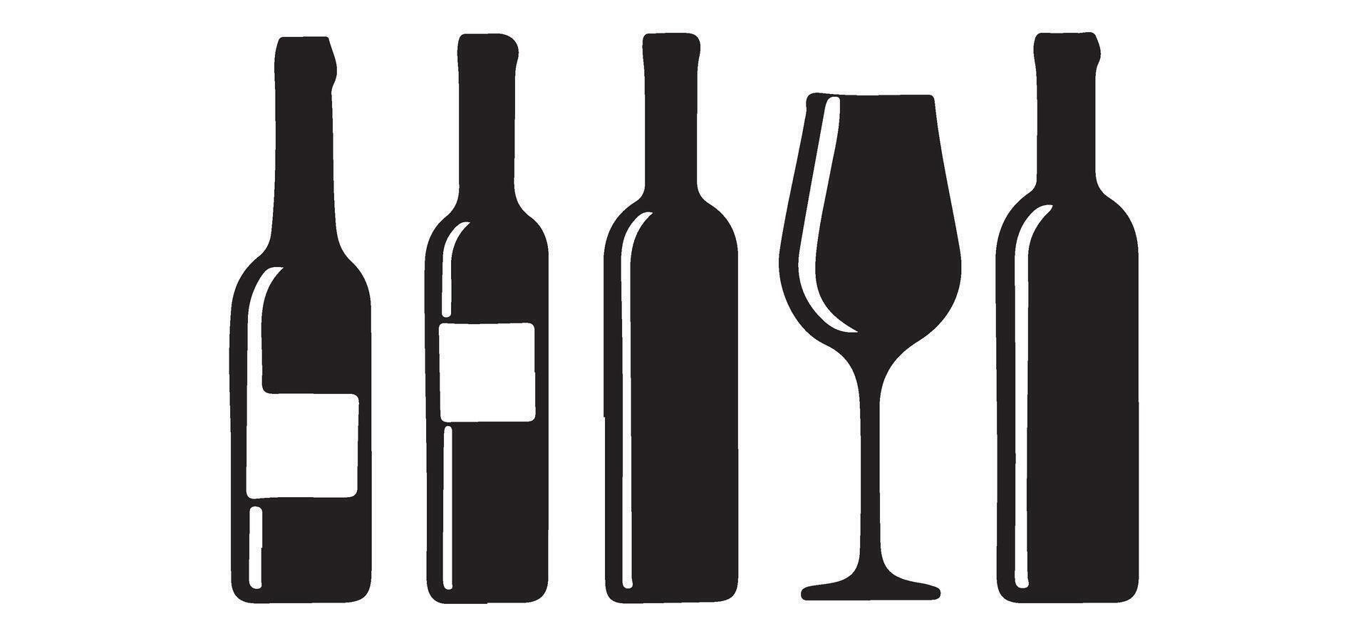 Elegant Wine Bottles and Glass Silhouette Set Illustration vector