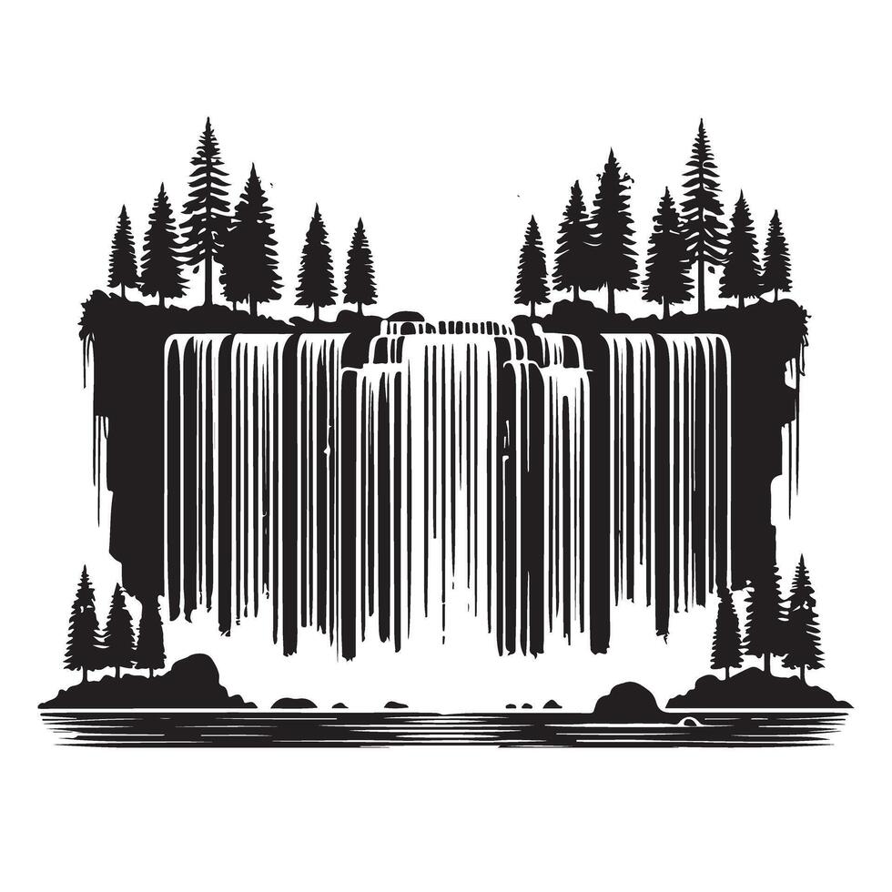 Stunning Waterfall Silhouette with Lush Forest Surroundings vector