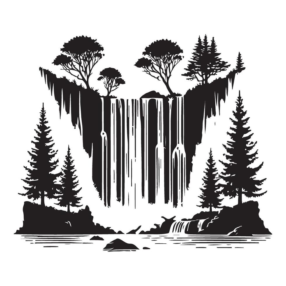 Picturesque Waterfall Silhouette with Forest and River vector