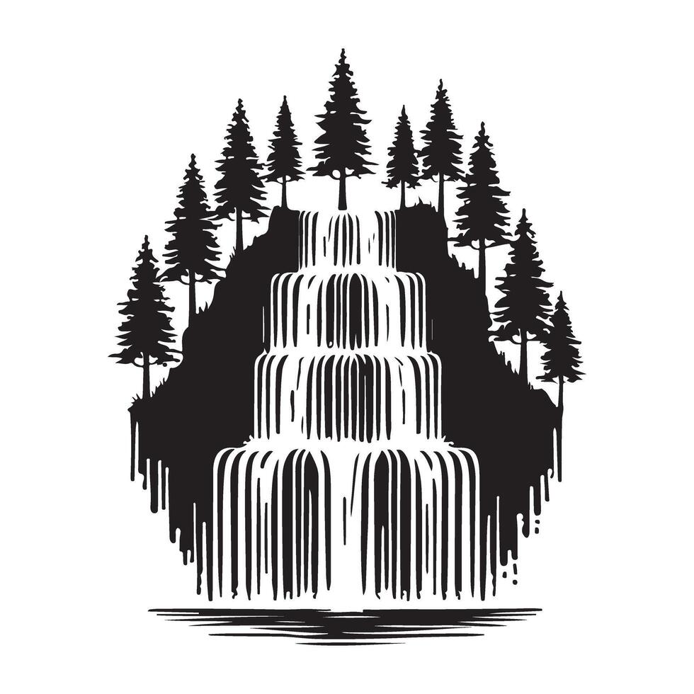 Majestic Waterfall Silhouette in a Pine Forest Illustration vector
