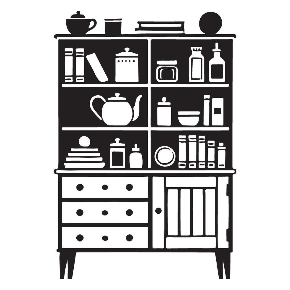 Silhouette of a Vintage Display Cabinet with Shelving and Drawers vector