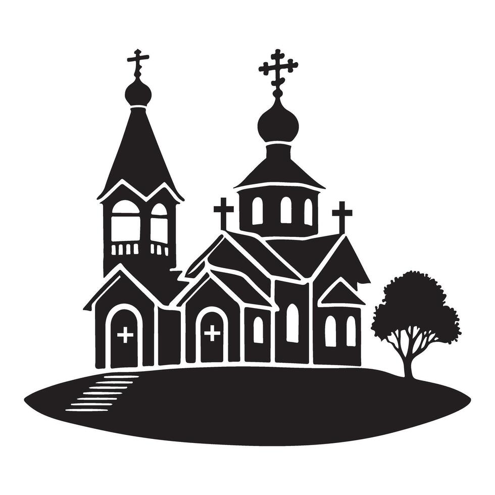 Orthodox Church Building Silhouette Illustration with Tree vector