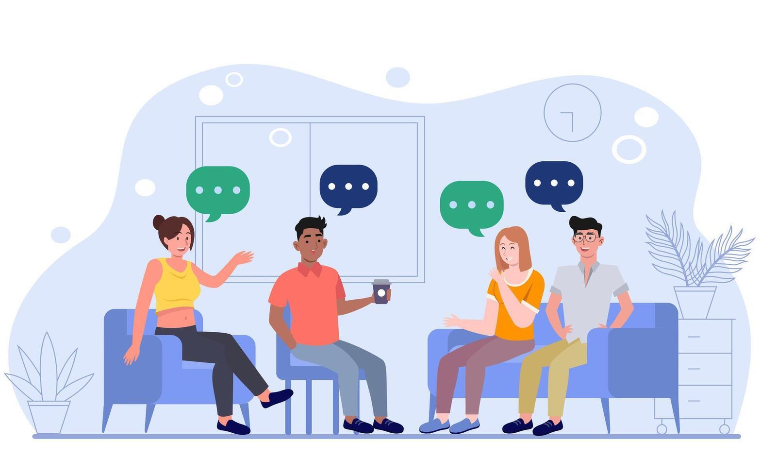 Cartoon illustration of Friends sit in a room. Talking each other. Get together. Coworkers concept. Characters in flat style vector